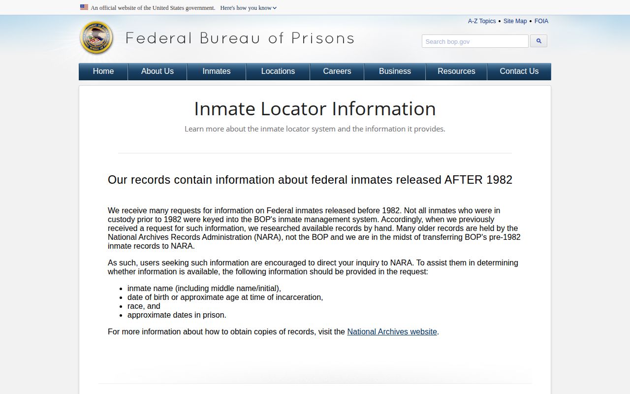 Federal Bureau of Prisons explanation of a past release date and no location