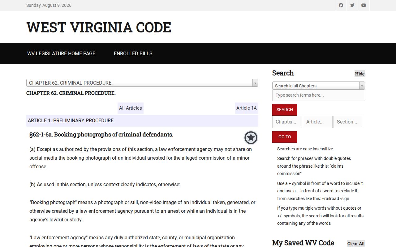 West Virginia booking-photo law for Calhoun County release mugshots