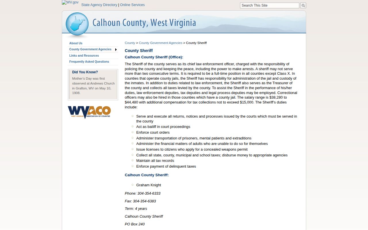 Calhoun County Sheriff's Office release and transport record contact